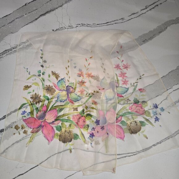 Vintage Floral Sheer Silk Scarf With Hand-Painted Orchid Design in Japan 16"x44" - Picture 12 of 15